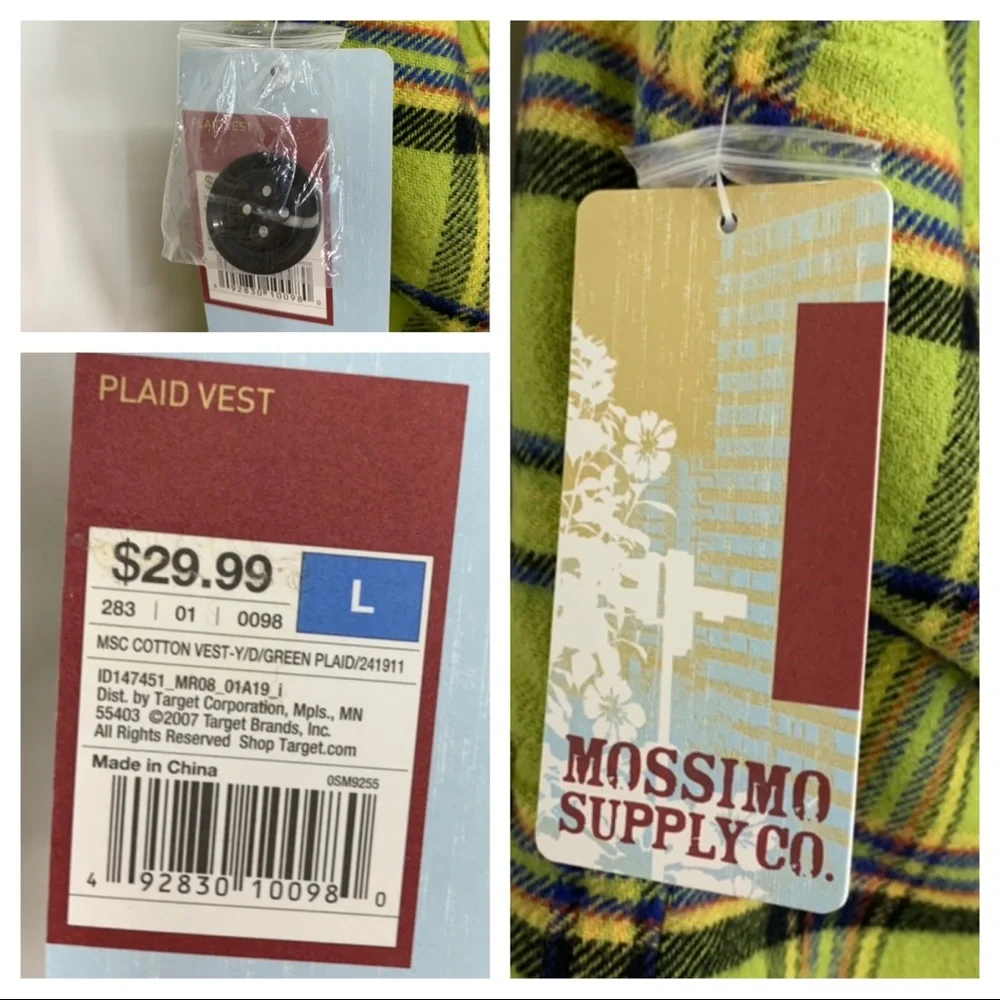 Mossimo Supply Co Retro Lime Green Blue Multi Plaid Full Zip Vest Faux Fur Hood - Picture 12 of 15